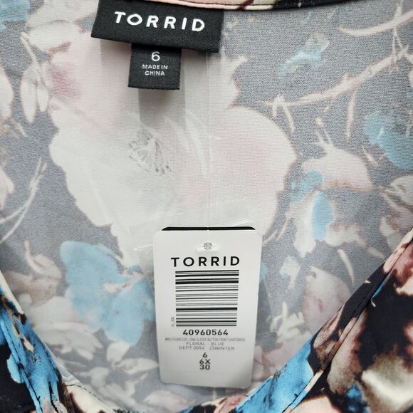 Torrid Midi Dress Womens 6X Black Floral Elastic Waist Button Up Long Sleeves - Picture 6 of 9